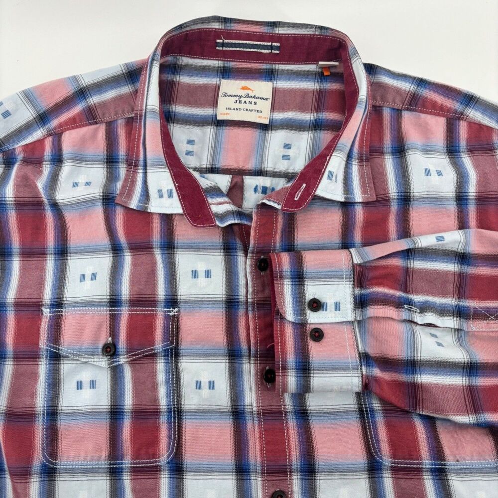 Tommy Bahama Button Down Red Blue Plaid Mens 3XL Long Sleeve Island Crafted Shir